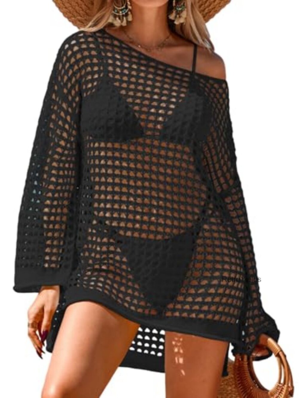 Womens Crochet Swim Cover-Up Oversized Long Sleeve Mesh Knit Beach Dress